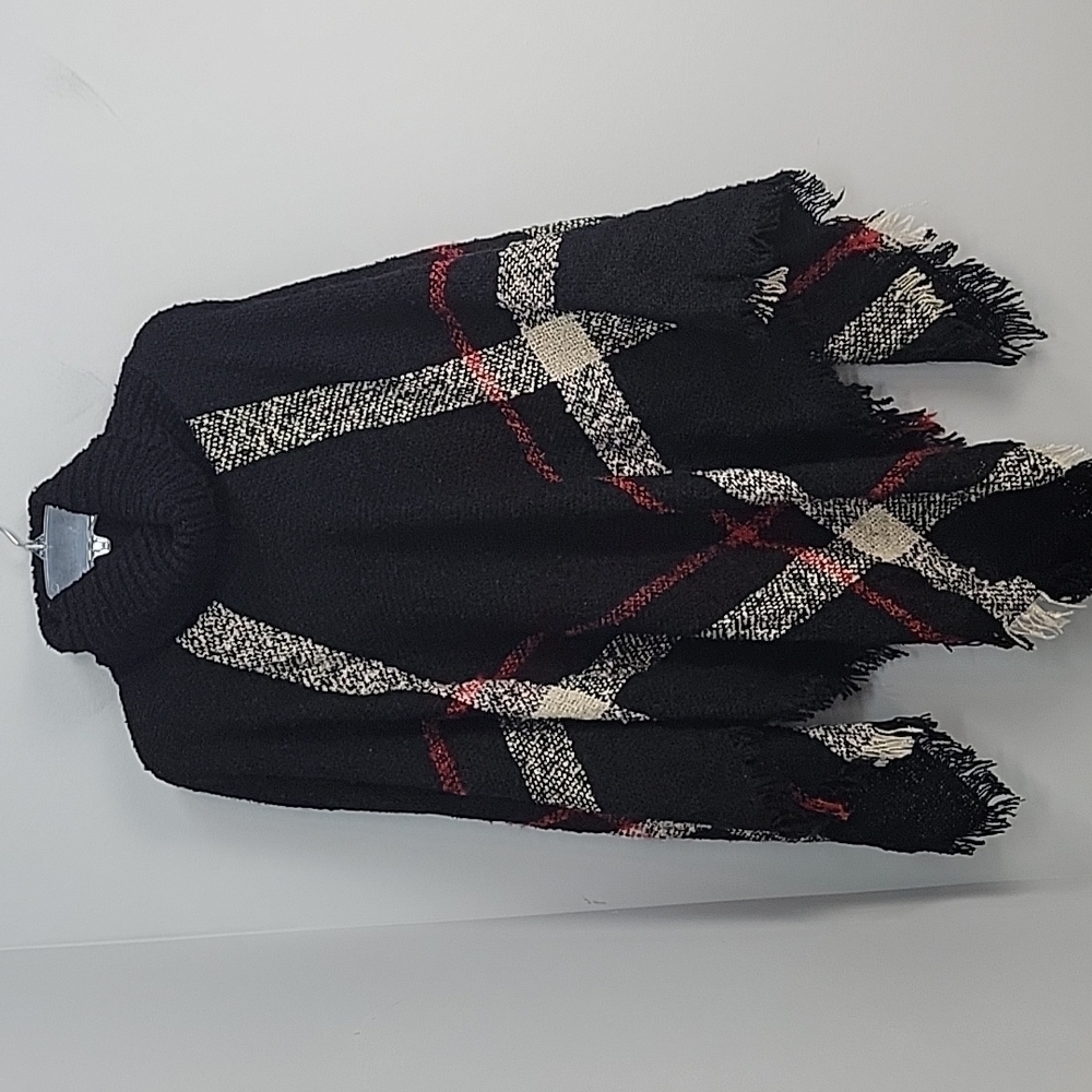 Cherie Bliss  Fringed Turtleneck Poncho BLack plaid OSFA